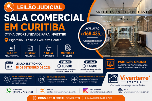 Leilão Judicial em Curitiba: Sala Comercial no Bigorrilho será leiloada em setembro de 2026